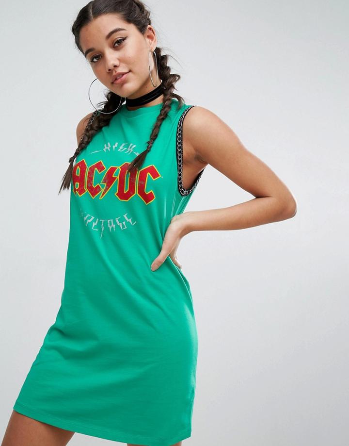 Asos Sleeveless T-shirt Mini Dress With Acdc Print And Chain Detail - Green