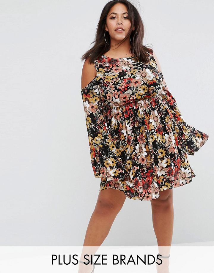 Club L Plus Cold Shoulder Busy Floral Detailed Swing Dress With Extreme Sleeve Flute Detail - Multi