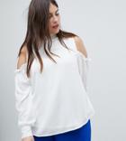 Fashion Union Plus Cold Shoulder Blouse With High Neck And Balloon Sleeves - White