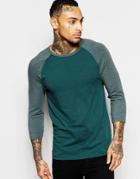 Asos Muscle 3/4 Sleeve T-shirt With Contrast Raglan Sleeves - Green