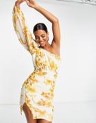 Asos Luxe One Shoulder Dress In Yellow Floral Print-multi