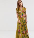 Asos Design Petite Maxi Dress With Lace Godets In Mustard Floral Print - Multi
