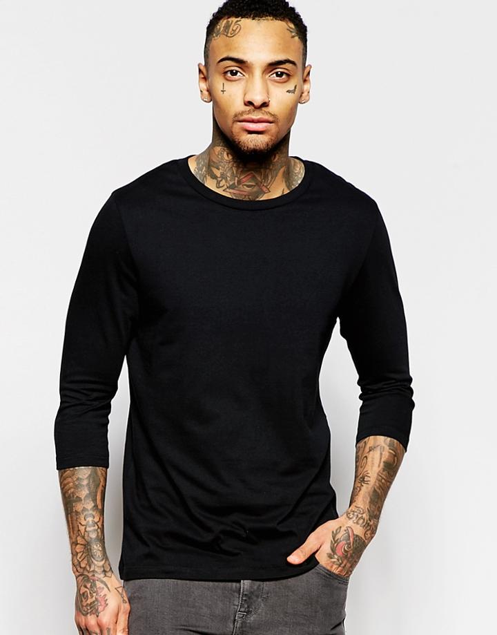 Asos 3/4 Sleeve T-shirt With Crew Neck In Black - Black