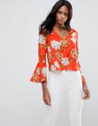 Influence Floral Flare Sleeve Top - Black