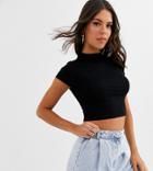 Asos Design Tall Crop T-shirt With Cap Sleeve With Grown On Neck In Black
