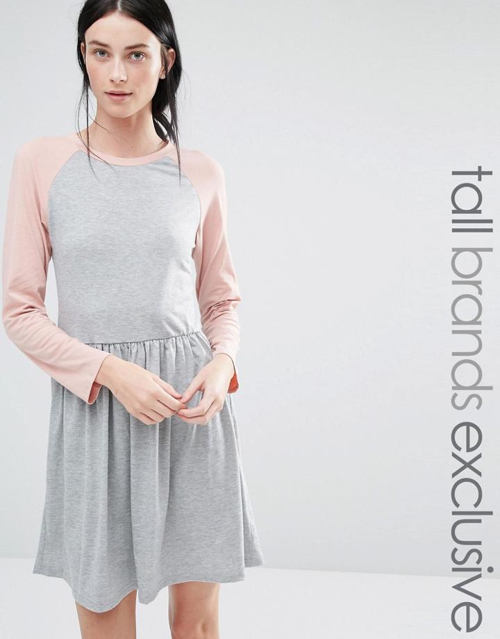 One Day Tall Contrast 3/4 Raglan Sleeve Jersey Midi Skater Dress - Gray Marl
