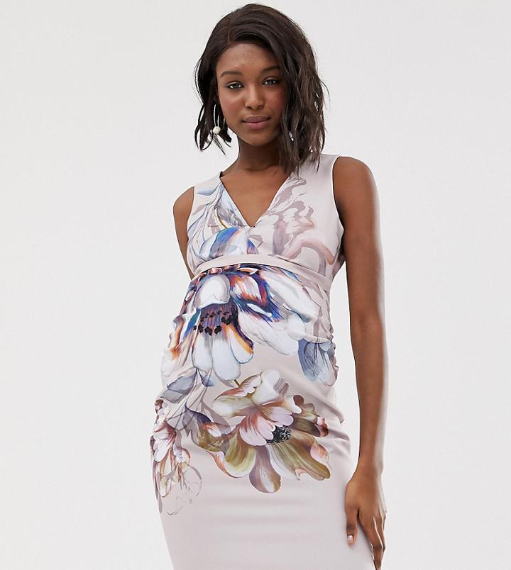 Little Mistress Maternity Plunge Front Pencil Dress In Over Scale Floral Print - Multi
