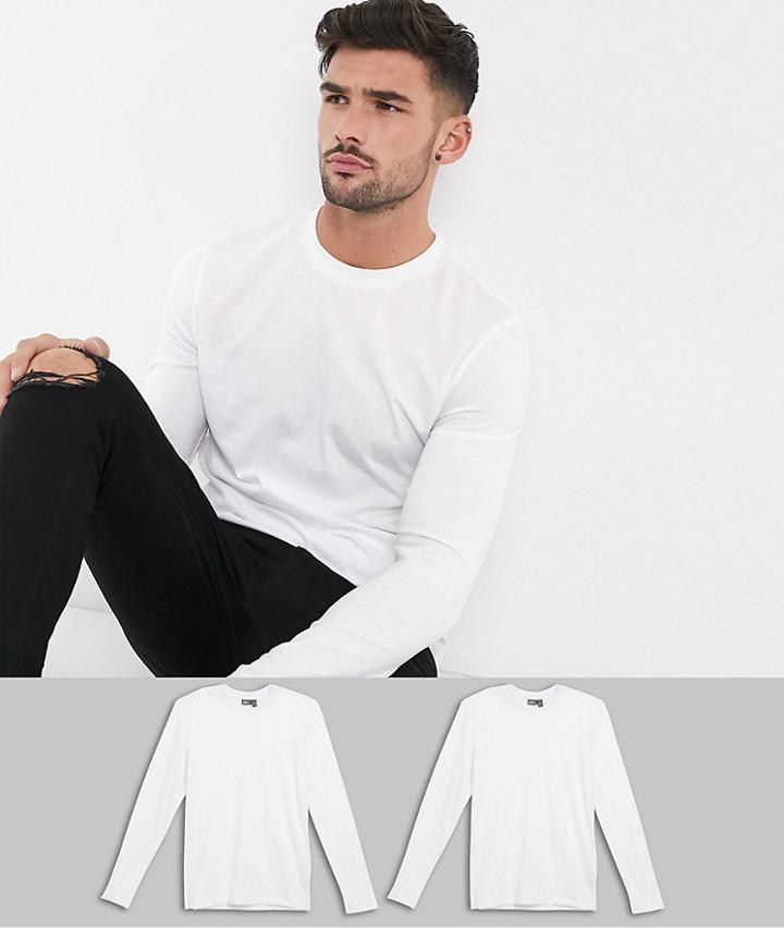 Asos Design 2 Pack Long Sleeve T-shirt With Crew Neck-white