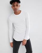 Asos Design Muscle Longline Long Sleeve T-shirt With Curve Hem In Rib - White