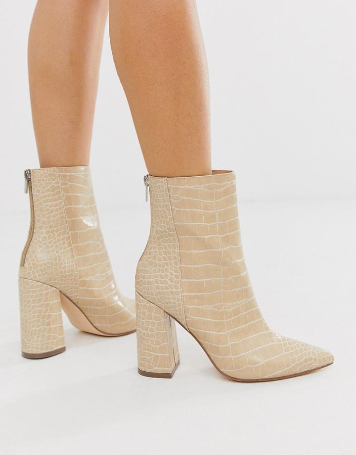 London Rebel Pointed Block Heeled Boot In Natural Croc-beige