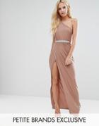 Club L Petite One Shoulder Slinky Maxi Dress With Embellished Belt - Pink