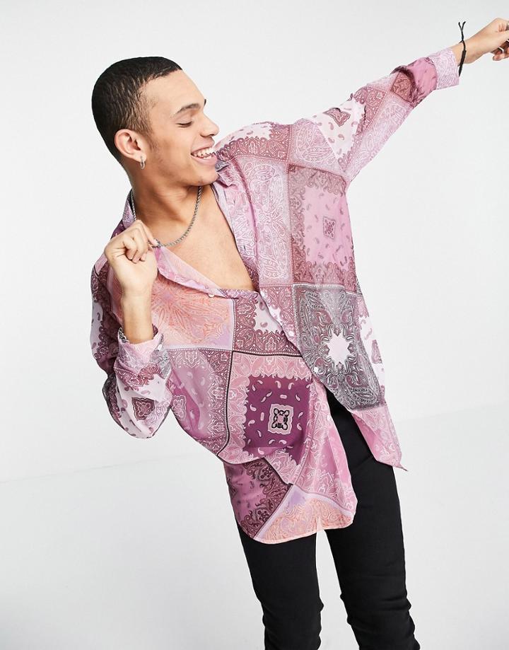 Asos Design Super Oversized Shirt In Purple Paisley Sheer Fabric