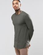 Asos Longline Muscle Long Sleeve T-shirt With Zips And Curve Hem In Khaki - Green