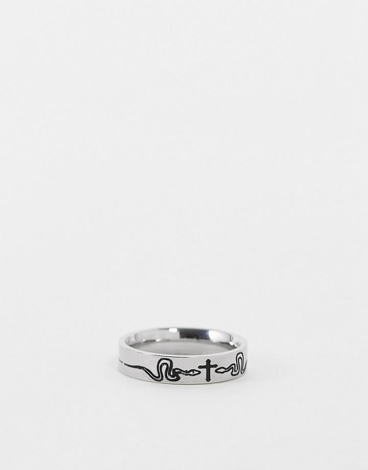 Asos Design Waterproof Stainless Steel Band Ring With Snakes And Crosses In Silver Tone