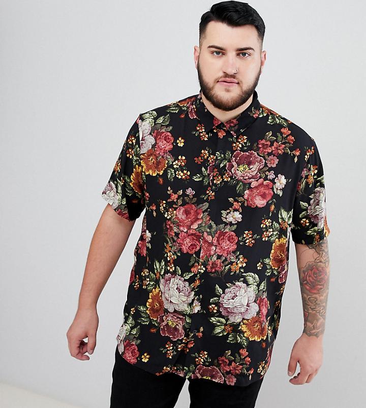 Asos Design Plus Regular Fit Floral Tapestry Style Shirt In Black - Black