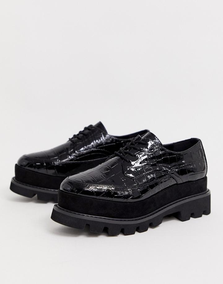 Truffle Collection Chunky Lace Up Flat Shoes In Black