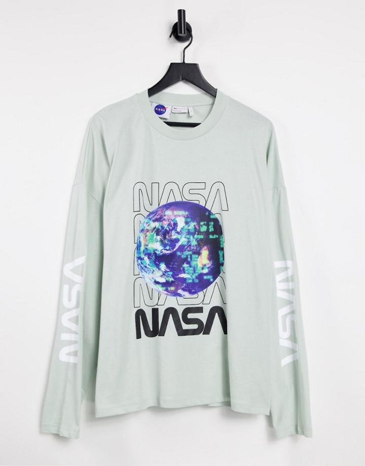 Asos Design Nasa Long Sleeve T-shirt In Ice Gray With Multi Print-grey