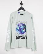 Asos Design Nasa Long Sleeve T-shirt In Ice Gray With Multi Print-grey