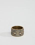 Asos Design Ring With Geo-tribal Emboss In Burnished Gold - Gold