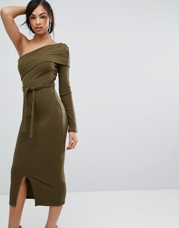 Lavish Alice Double Layer One Shoulder Rib Knit Midi Dress In Khaki - Green