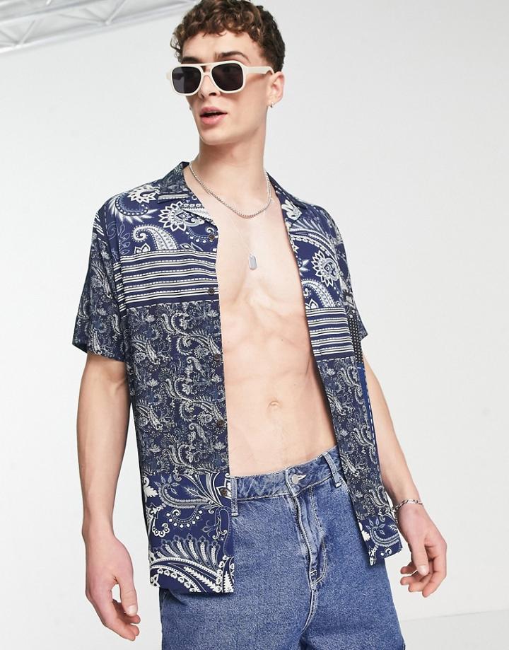 Topman Viscose Revere Shirt In Navy Bandana Print