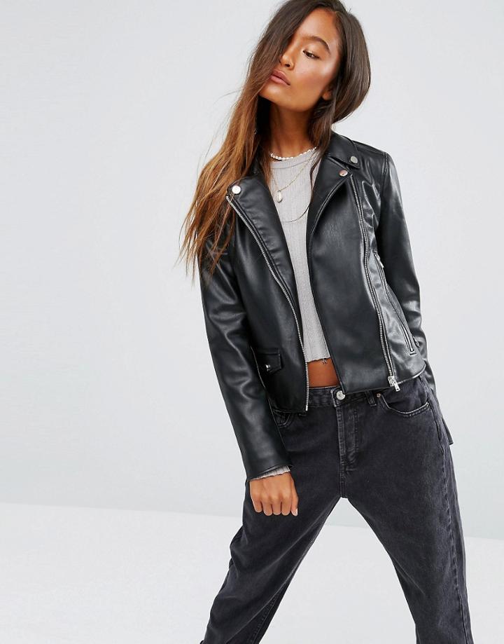 Pull & Bear Pu Biker Jacket - Black