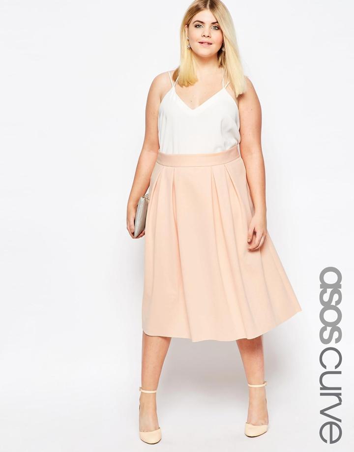 Asos Curve Midi Prom Skirt With Box Pleats - Nude