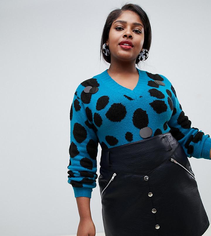 Lost Ink Plus Sweater In Spot With Large Sequin Discs In Brushed Chunky Knit - Blue