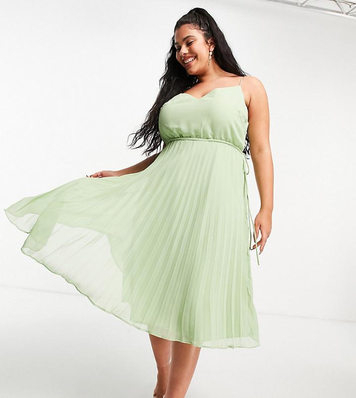 Asos Design Curve Pleated Cami Midi Dress With Drawstring Waist In Sage Green