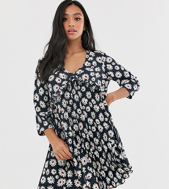 Asos Design Petite Pleated Smock Mini Dress In Daisy Print-multi