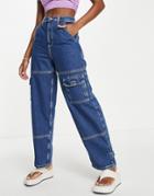 Topshop Bluff Pocket Cargo Cotton Blend Jean In Mid Blue - Mblue