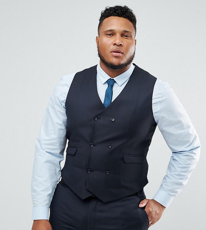 Asos Plus Slim Suit Vest In Navy 100% Wool - Navy
