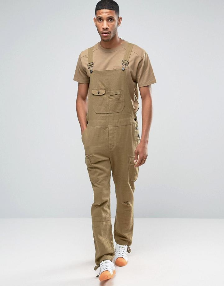 Asos Overalls In Khaki Linen - Green