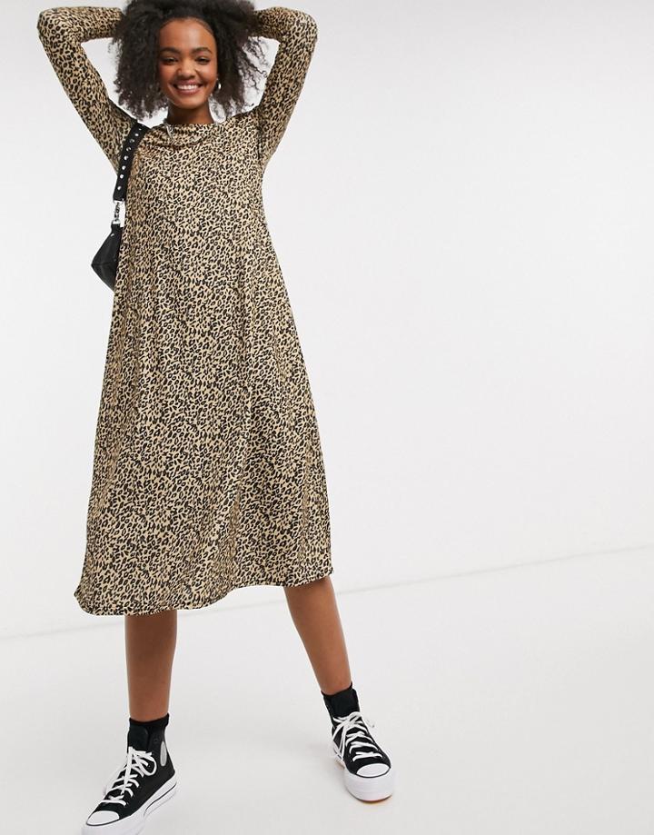 Asos Design Long Sleeve Midi Dress In Leopard Print-brown