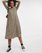 Asos Design Long Sleeve Midi Dress In Leopard Print-brown