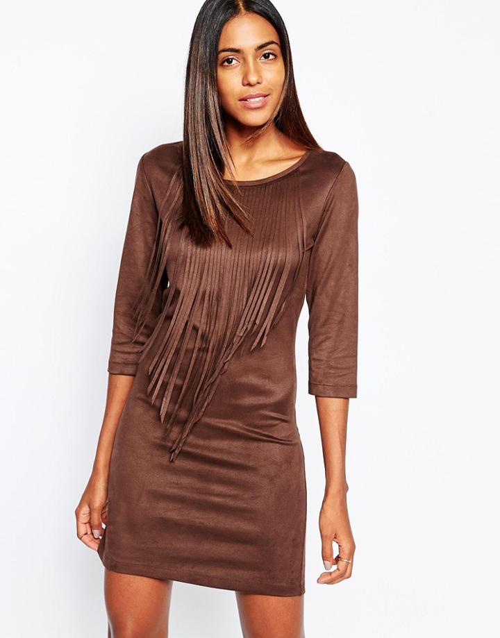 Sisley Faux Suede Dress With Fringing In Brown - Brown