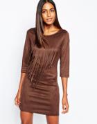 Sisley Faux Suede Dress With Fringing In Brown - Brown