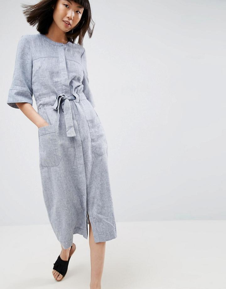 Warehouse Linen Mix Belted Dress - Blue