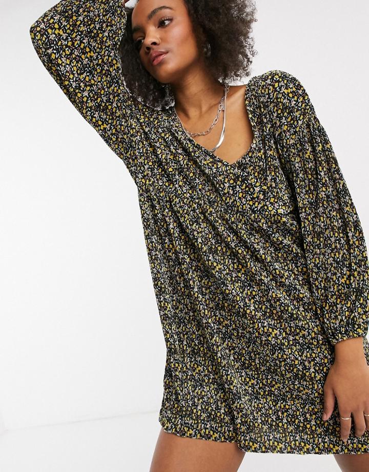 Asos Design Mini Plisse Long Sleeve V Neck Dress In Multi Floral