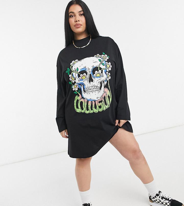 Collusion Plus Skull Print T-shirt Dress-black