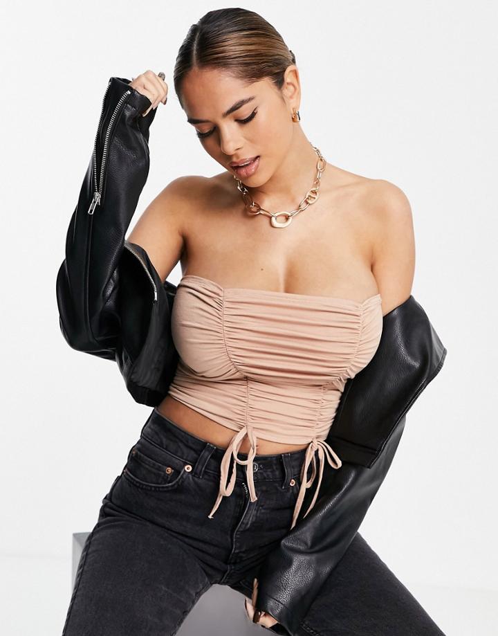 Asos Design Double Ruched Bandeau Top In Mink-white