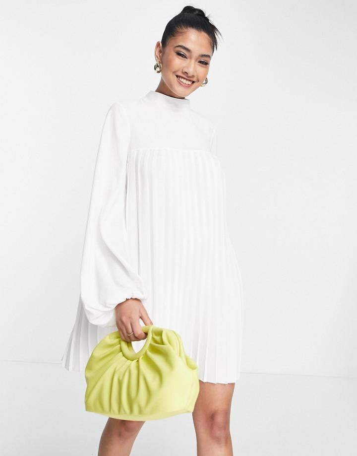 Asos Design High Neck Pleated Trapeze Mini Dress In Ivory-white