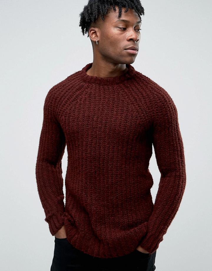 Pull & Bear Chunky Knit Sweater In Burgundy - Red