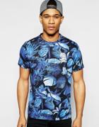 Franklin And Marshall Crew Neck T-shirt In All Over Hawaian Print - Blue Forest