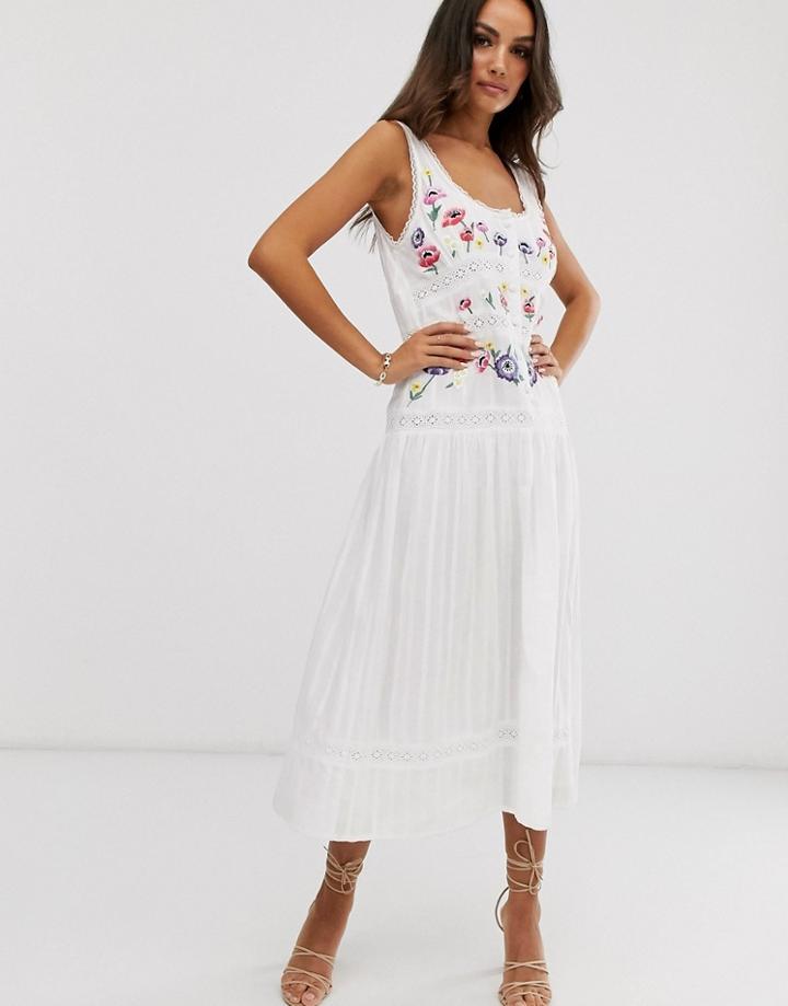 Asos Design Embroidered Sleeveless Lace Insert Midi Dress With Drop Waist-white
