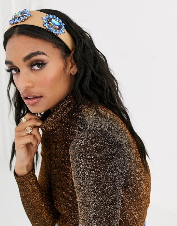 Asos Design Headband With Blue Crystal Embellishment In Golden Satin-yellow