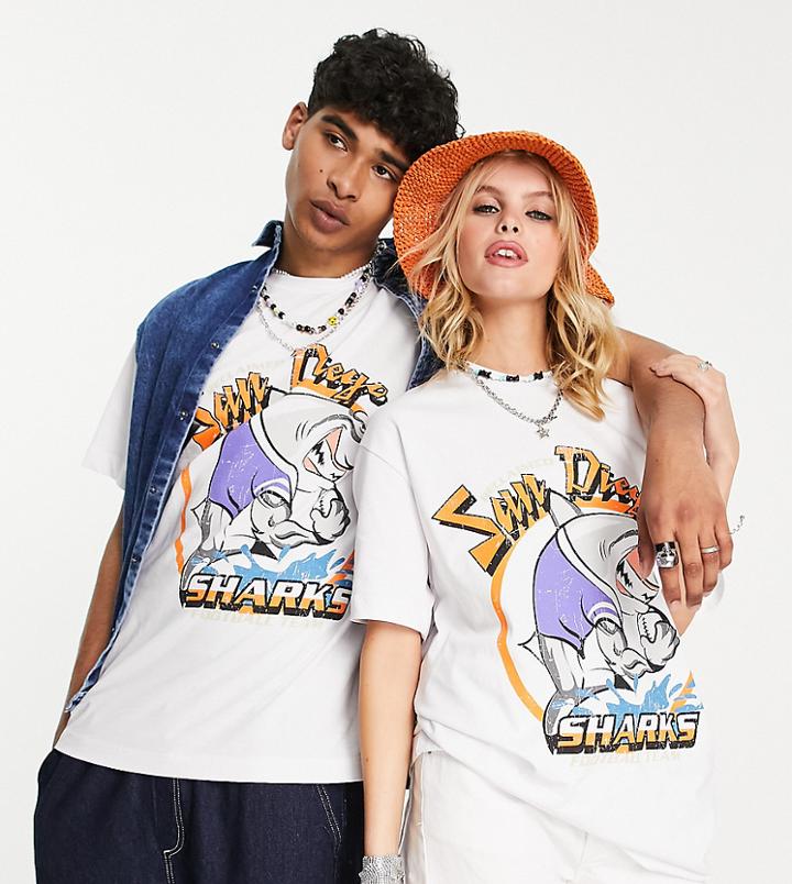 Reclaimed Vintage Inspired Unisex T-shirt With Shark Graphic In White