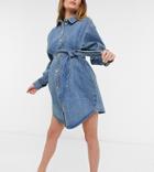 Asos Design Maternity Organic Cotton Blend Denim Oversized Belted Shirt Dress In Midwash-blues