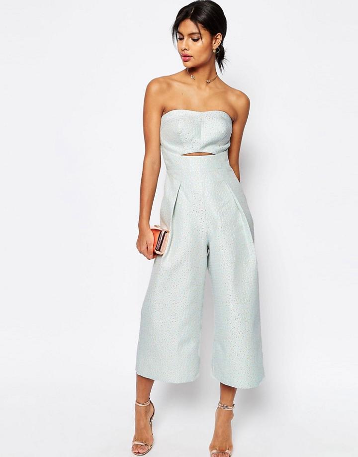 Asos Premium Bandeau Jumpsuit In Jacquard With Cutout Front - Blue