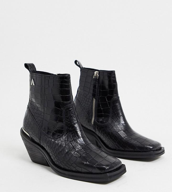 Asra Exclusive Maverick Square Toe Ankle Boots In Mock Croc Leather-black